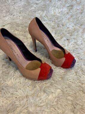 Barbara Bui Multicolor Suede Peep-Toe Heels — Pink, Red & Purple